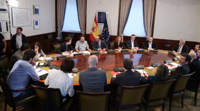 Los negociadores del PSOE, Podemos y Ciudadanos.