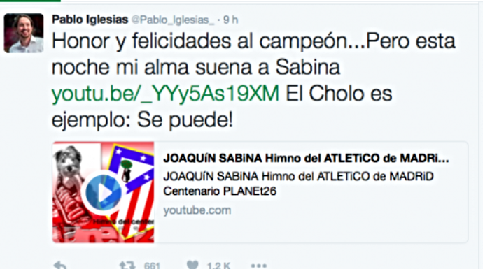 El tuit "madridista" de Pablo Iglesias. 
