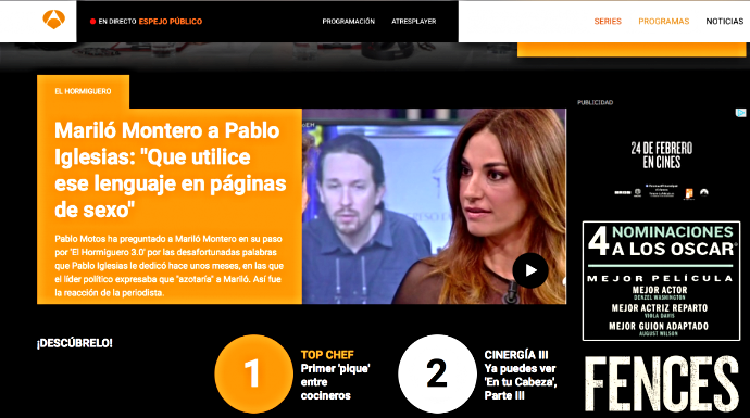 Portada de la web de Antena 3.