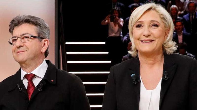 Mélenchon y Le Pen, en un debate electoral de la campaña.