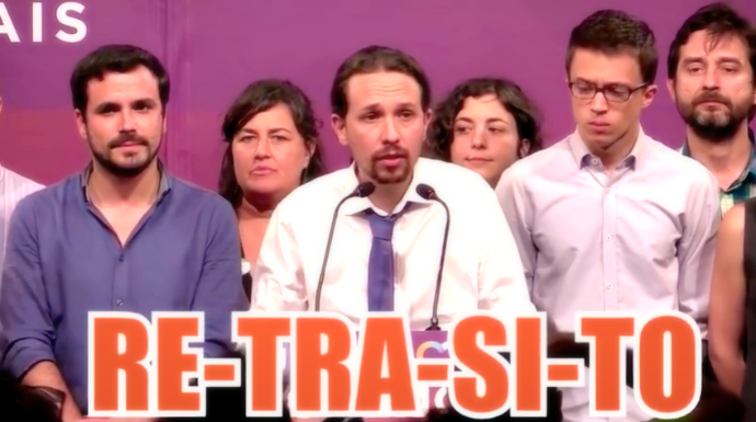 Un momento del vídeo (en el que se lee el estribillo) sobre Podemos que comienza a correr como la pólvora.