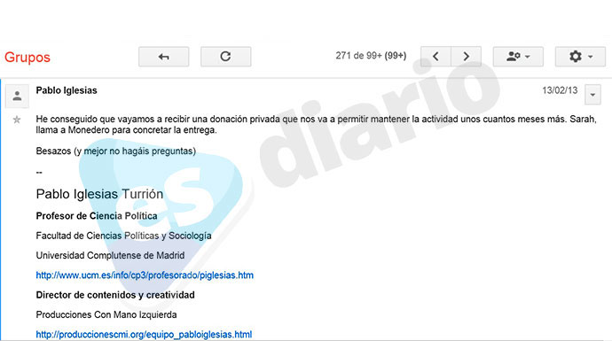 El email que envió Iglesias a su gente de confianza de "La Tuerka" a la vuelta de un viaje a Venezuela.