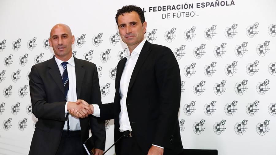 El presidente de la RFEF, Luis Rubiales, este lunes durante la presentación de Molina como director deportivo.