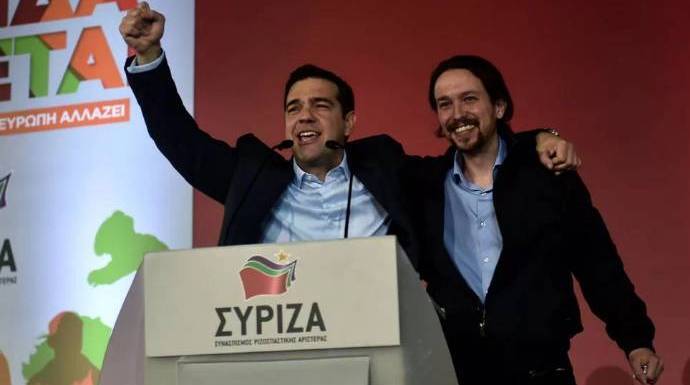 Tsipras, junto a Iglesias, en un mitin de Siryza.
