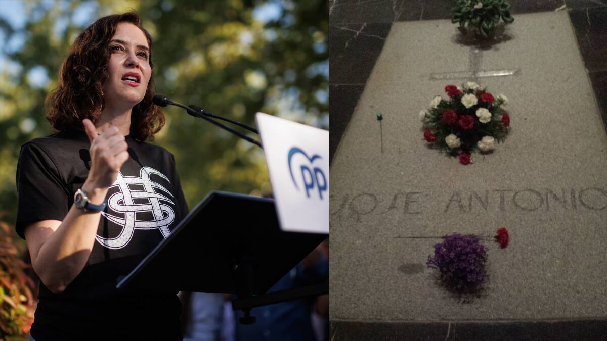 La presidenta de la Comunidad de Madrid, Isabel Díaz Ayuso, y la tumba en el Valle de los Caídos de José Antonio Primo de Rivera.