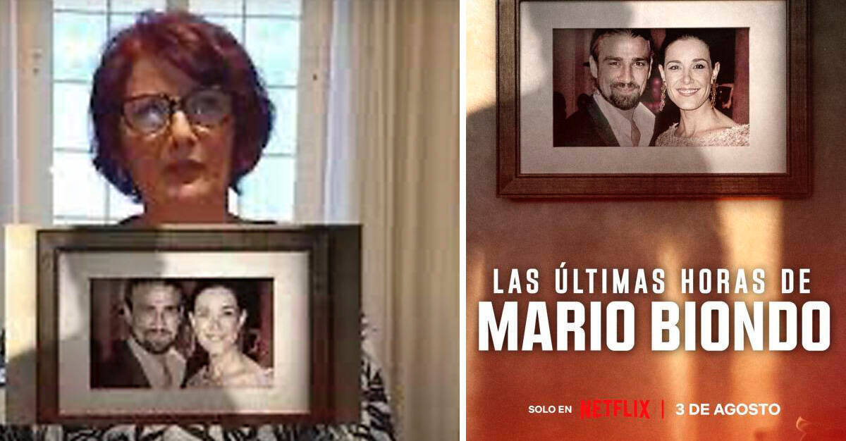 Santina D'Alessandro y el cartel de Netflix de la serie documental.