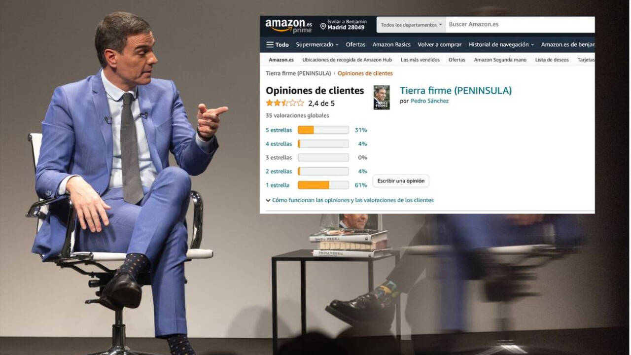 Montaje fotográfico con Pedro Sánchez y una imagen de las valoraciones de los usuarios de Amazon