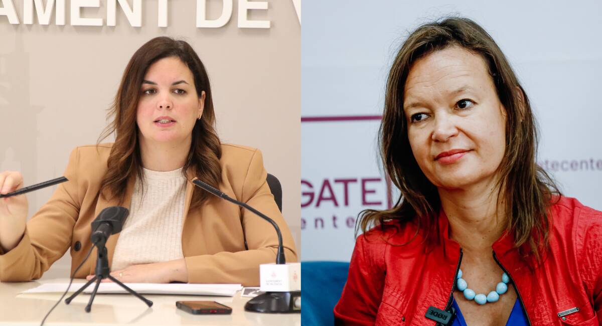 A la izquierda, la portavoz del PSPV en el Ayuntamiento de Valencia, Sandra Gómez, a la derecha, la exministra socialista durante el Gobierno de Zapatero, Leyre Pajín. 