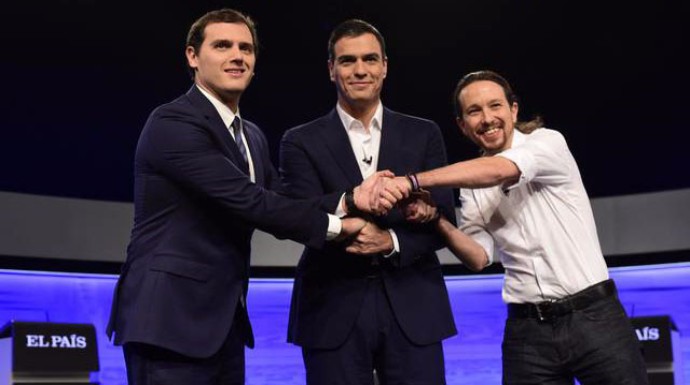 Sánchez, Rivera e Iglesias en el debate de "El País".