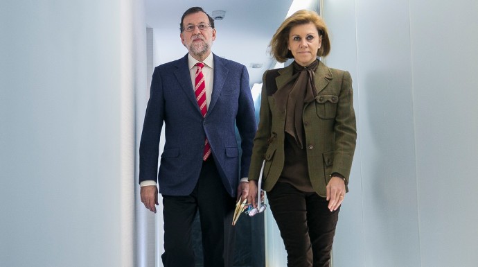 Rajoy y Cospedal el lunes en la sede de Génova.