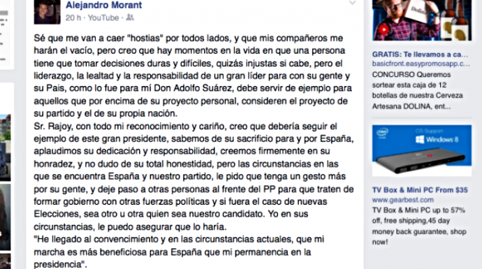 Comentario de Alejandro Monrat, dirigente del PP, en su perfil de Facebook.