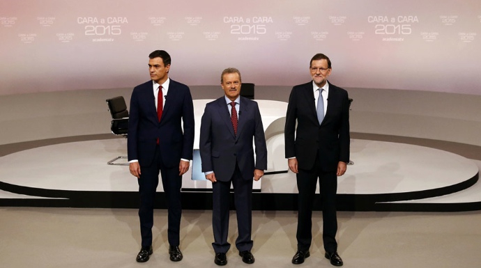 Pedro Sánchez y Mariano Rajoy en el debate del 20-D moderado por Manuel Campo Vidal
