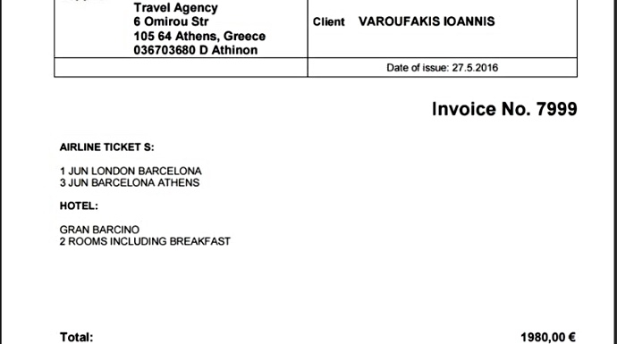 La factura que ha presentado el exministro de Finanzas griego. 