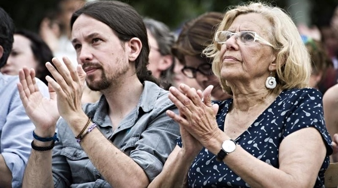 Manuela Carmena y Pablo Iglesias en un acto de la anterior campaña