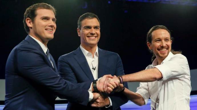 Rivera, Sánchez e Iglesias, durante un debate electoral