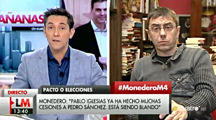 Juan Carlos Monedero, en una de sus intervenciones en Cuatro con Javier Ruiz.