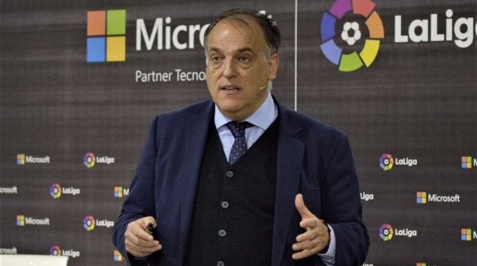Javier Tebas durante la presentación del acuerdo de La Liga y Microsoft.