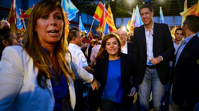 Sánchez Camacho, Soraya y García Albiol, durante un mitin en Cataluña.