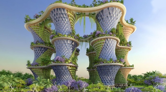 Las 6 torres del paraíso, del proyecto Hyperion en La India (ilustración de concienciaeco.com)