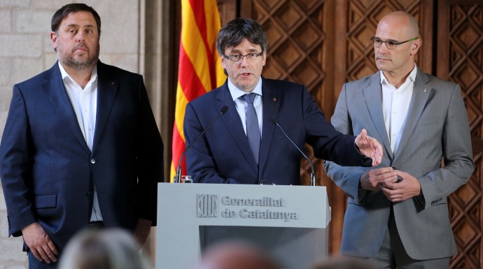 Junqueras, Puigdemont y Romeva, en marzo pasado tras conocer la sentencia adversa del 'referéndum' inicial del 9N