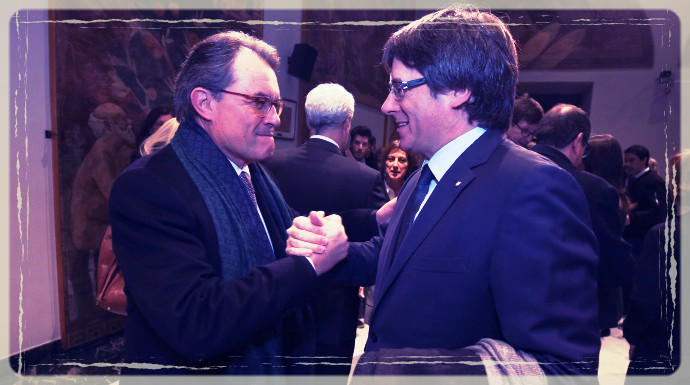 Mas y Puigdemont, en febrero, en el juicio del 9N