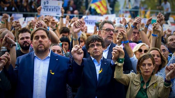 Oriol Junqueras, Puigdemont y Forcadell, en una de sus últimas manifestaciones.