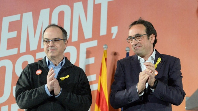 Jordi Rull y Josep Turull, este martes, en su primera rueda de prensa tras salir de prisión.