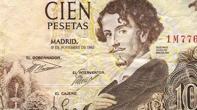 Un billete de cien pesetas con el retrato de Gustavo Adolfo Bécquer
