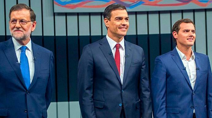Mariano Rajoy, Pedro Sánchez y Albert Rivera, en el debate electoral.