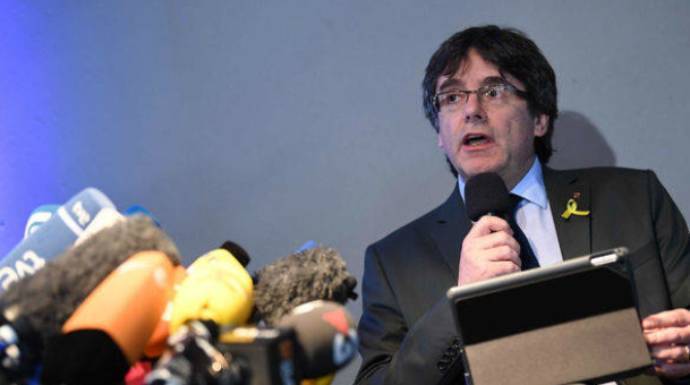 Puigdemont, en la rueda de prensa que ofreció en Berlín el sábado tras salir de la prisión.