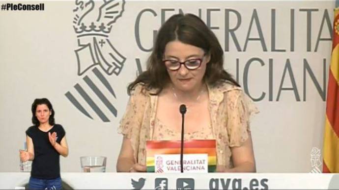 La vicepresidenta de la Generalitat, Mónica Oltra, en la rueda de prensa del Consell 