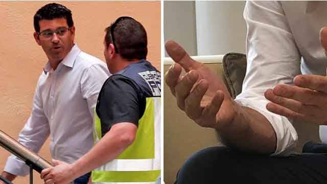 El detenido... y las manos de Pedro Sánchez que tuiteó La Moncloa el martes.