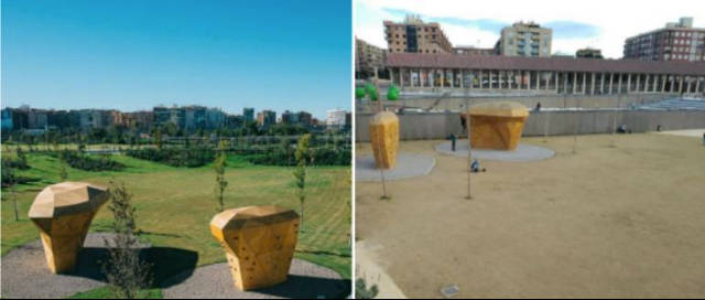 El antes y el después del césped del Parc Central de Valencia.