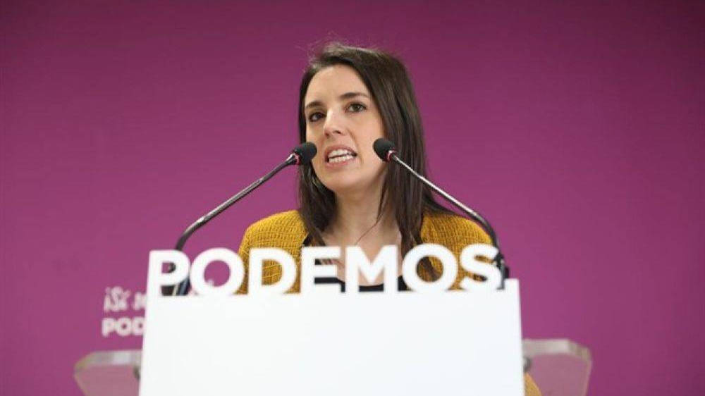 Irene Montero durante su comparecencia en la sede de Podemos.