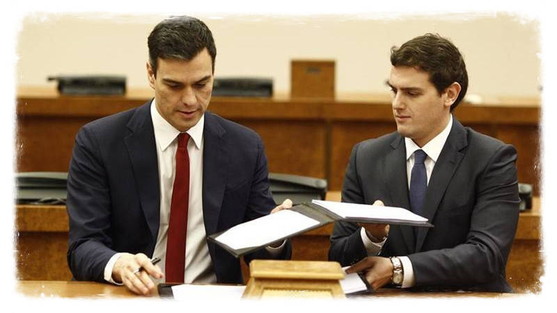 Sánchez y Rivera, en febrero de 2016, al firma su acuerdo de investidura luego fallido