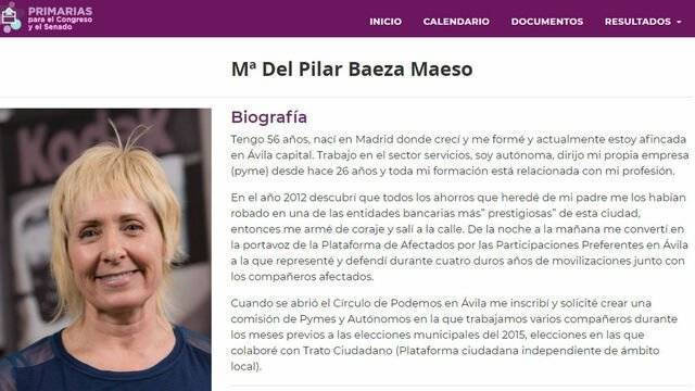 La ficha autobiográfica de Pilar Baeza difundida en su portal por Podemos