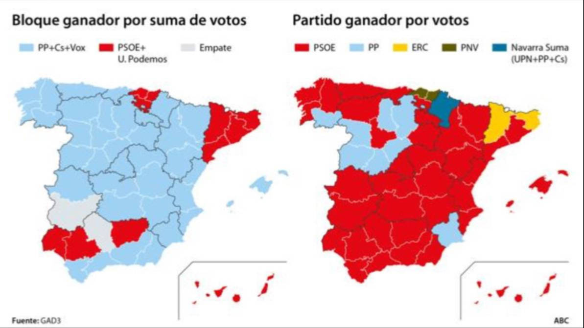 A la izquierda, en azul, los lugares donde gana en votos el centro derecha. Al lado, en rojo, donde saca más escaños la izquierda por la dispersión de sus rivales