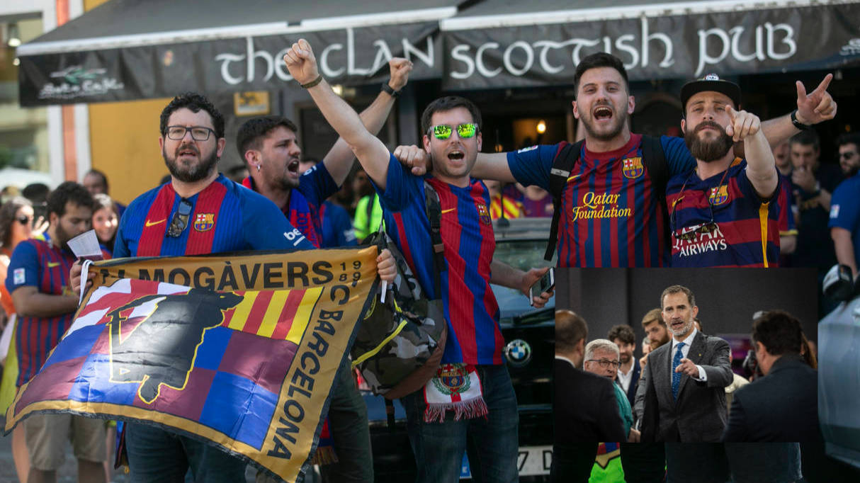 Aficionados del Barça antes del partido, y una imagen del Rey en una visita reciente a la Ciudad Condal