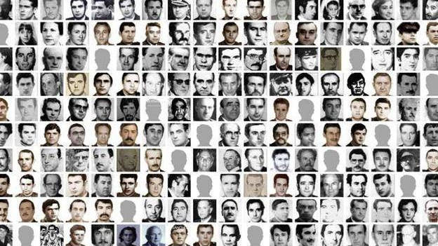 Detalle de un mural compuesto por los rostros de las cerca de 900 víctimas de ETA