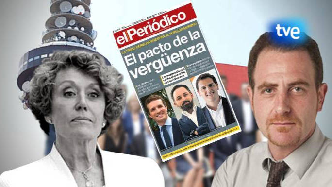 Rosa María Mateo y el nuevo gran jefe de la información de RTVE, junto a la portada que hizo contra PP, Cs y Vox