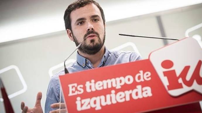 Alberto Garzón, en una ruede de prensa en la sede de IU en Madrid.
