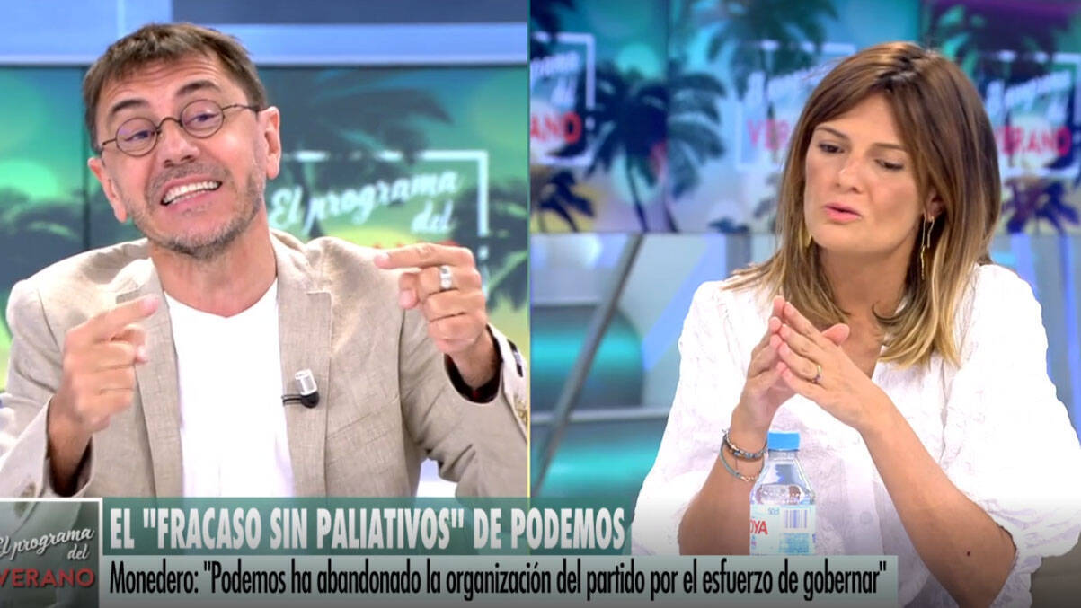 Juan Carlos Monedero ante Pilar Gómez este miércoles en Telecinco.