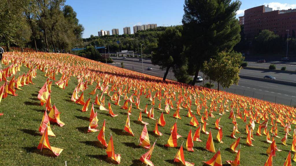 Aspecto de las banderas plantadas en el parque junto a la M-30 (foto @JuanCarMstol en Twiiter)