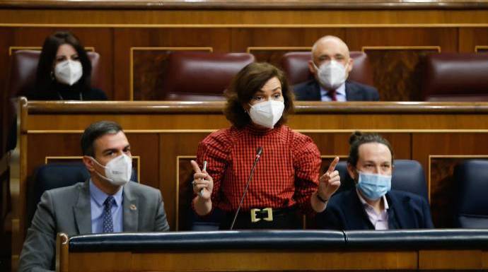 Sánchez, Calvo e Iglesias, este miércoles en el Congreso.