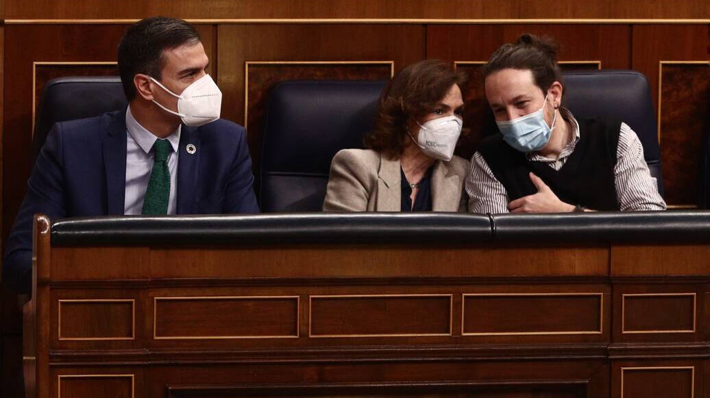 Sánchez, Calvo e Iglesias este miércoles en el Congreso.