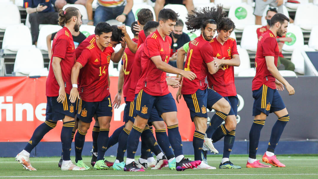 Los jugadores de la selección española, en la celebración de uno de los goles del partido.