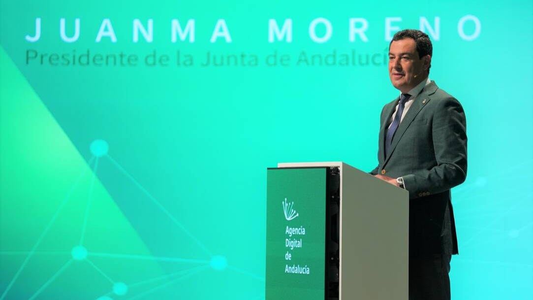 El presidente de la Junta, Juanma Moreno, durante la presentación de la Agencia Digital de Andalucía, hoy en Sevilla.