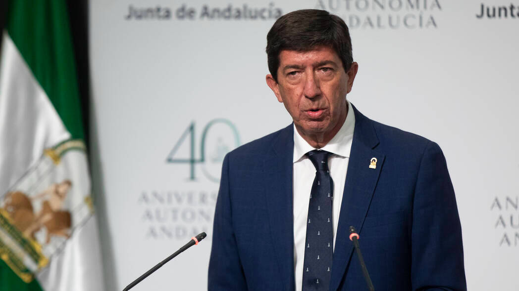 El vicepresidente de la Junta de Andalucía, Juan Marín (Cs), en la comparecencia tras la reunión del Consejo de Gobierno.