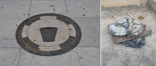 El antes y el después de la histórica placa de Del Pozal en la plaza del Mercado, rota ahora en pedazos
