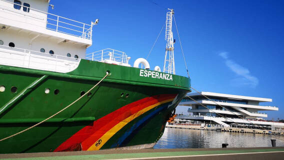 Barco de Greenpeace atracado en el Puerto de Valencia